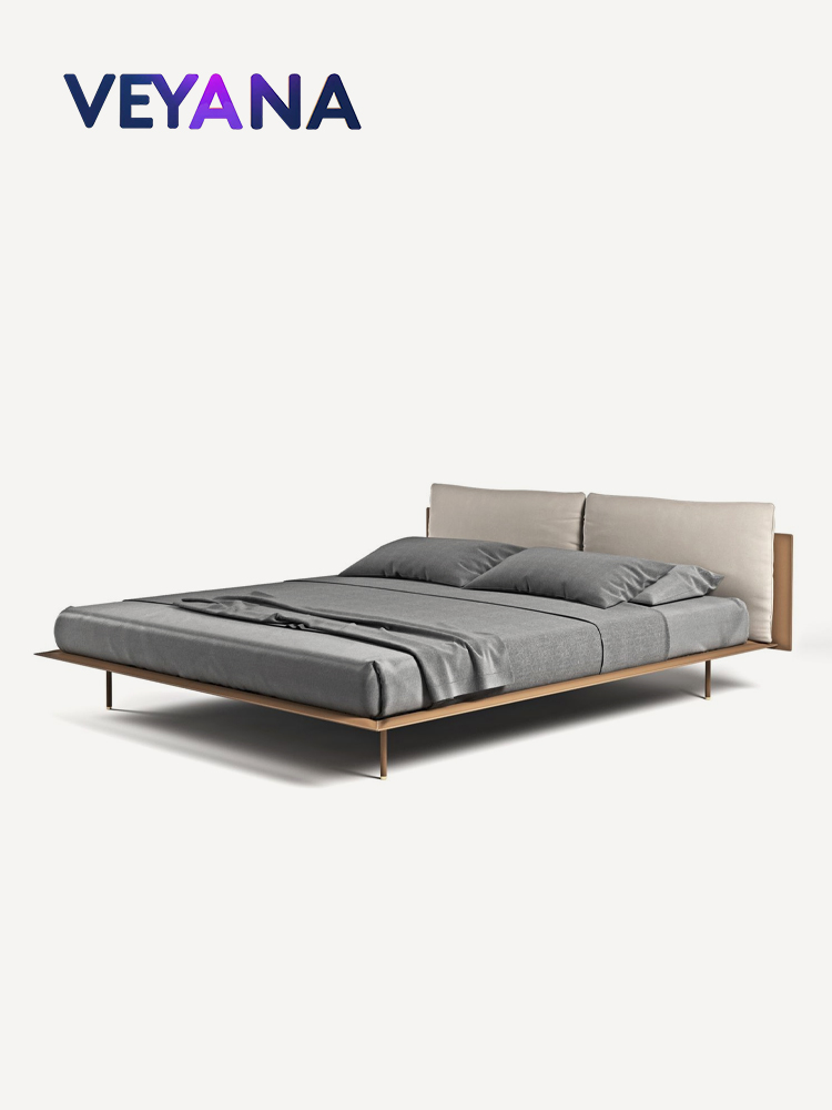 Modern Minimalist Floating Bed, Italian Luxury Upholstered Bed with Double Cushion Headboard, Metal Legs Platform Bed for Master Bedroom, Customizable Colors