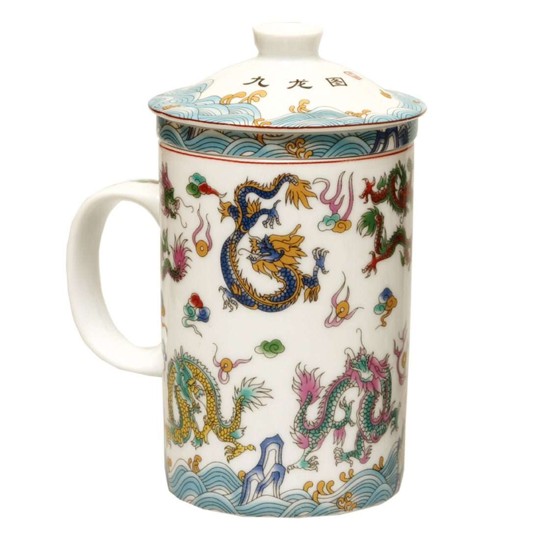 White Ceramic Strainer Mug With Dragon