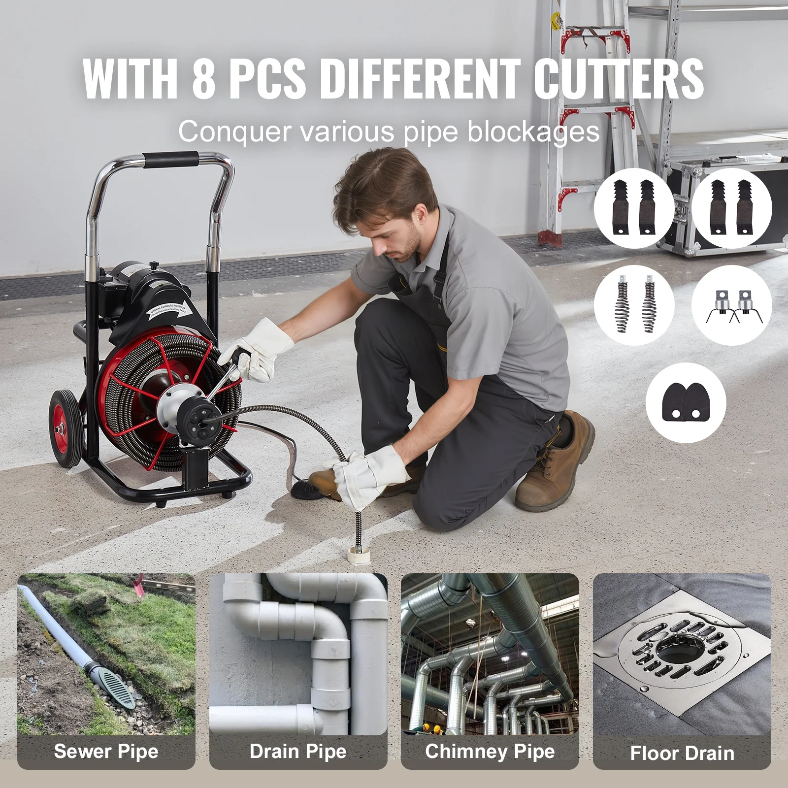 VEVOR Drain Cleaner Machine 100FT x 1/2 Inch, Auto Feed Sewer Snake Auger on Wheels, 550W Portable Drain Cleaning Machine with 8 Cutters & Air-activated Foot Switch for 2" to 4" Pipes