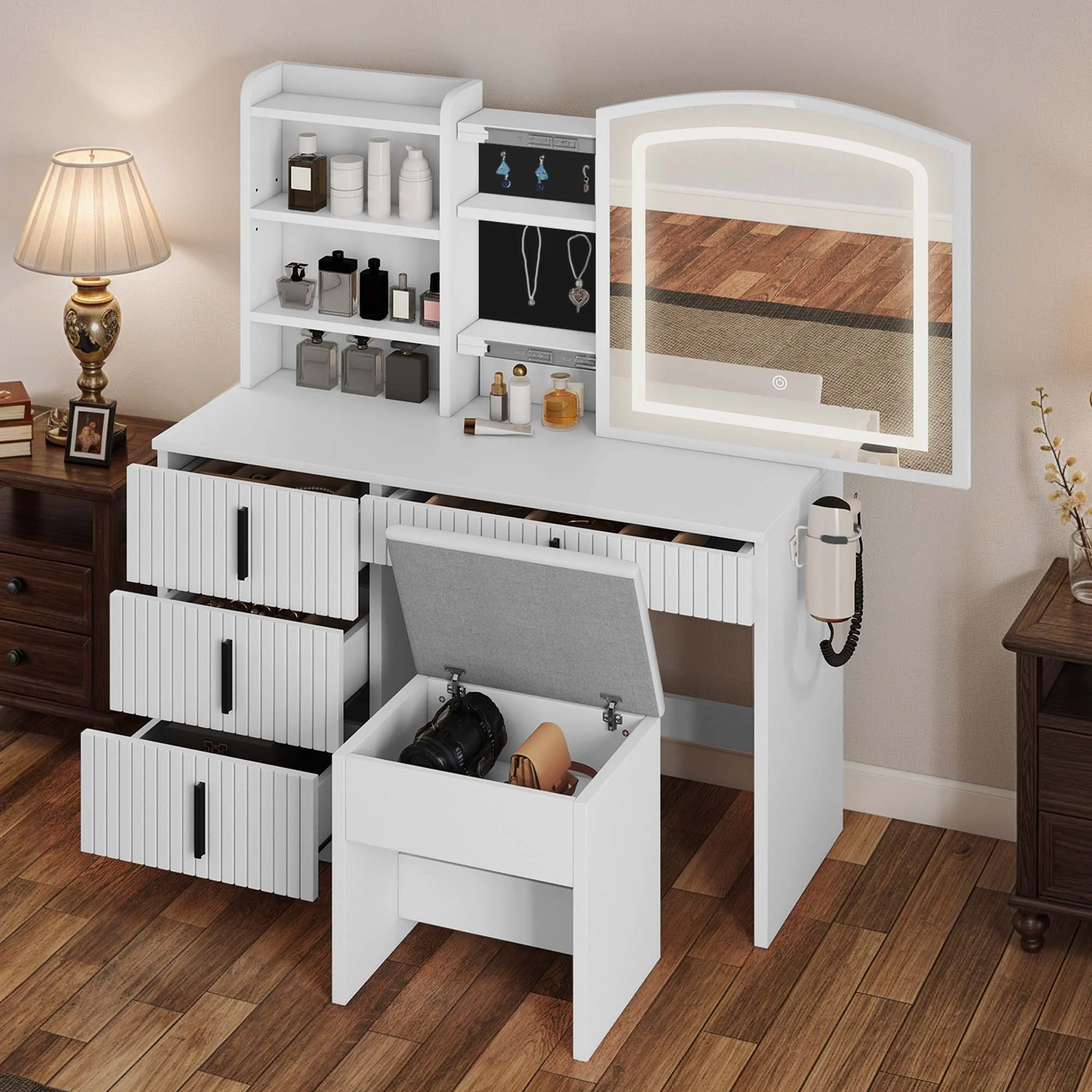Uforic Large 55.5" Makeup Vanity with 3 Color Lights, Vanity Desk with USB Charging Station, Vanity Makeup Table with 4 Drawers, Hidden and Open Storage Shelves, White