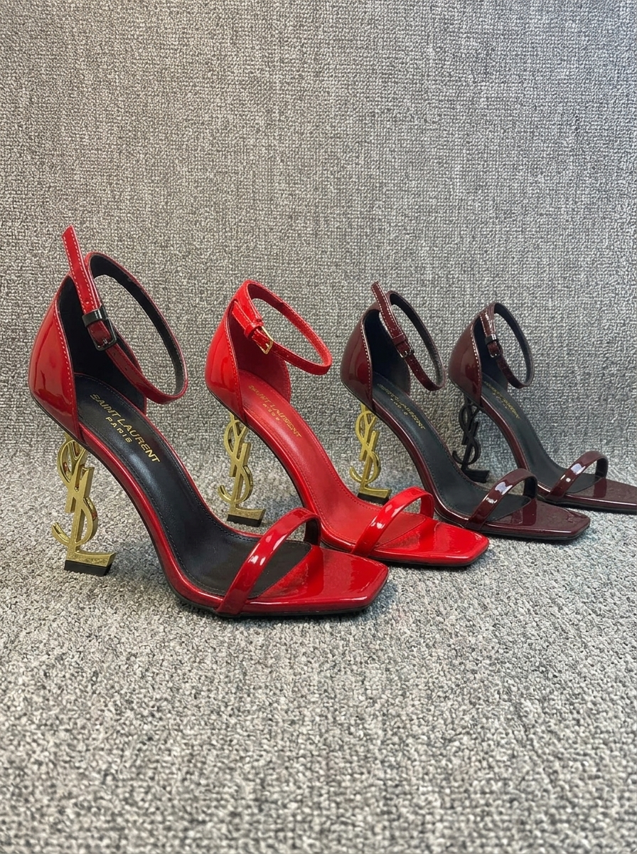 YSL Red/Burgundy Opyum Patent Leather Square Toe YSL Logo Heel Ankle Strap Sandals