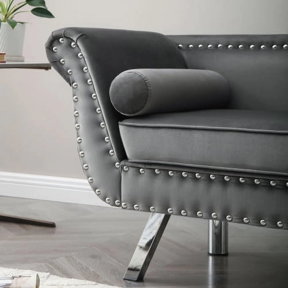 61?Width Loveseat Sofa, Modern Accent Velvet Upholstered Loveseat Settee with Nailhead Trimming & Removable Cushion & Rolled Arms, Accent Couch with Silver Metal Legs for Living Room, Grey