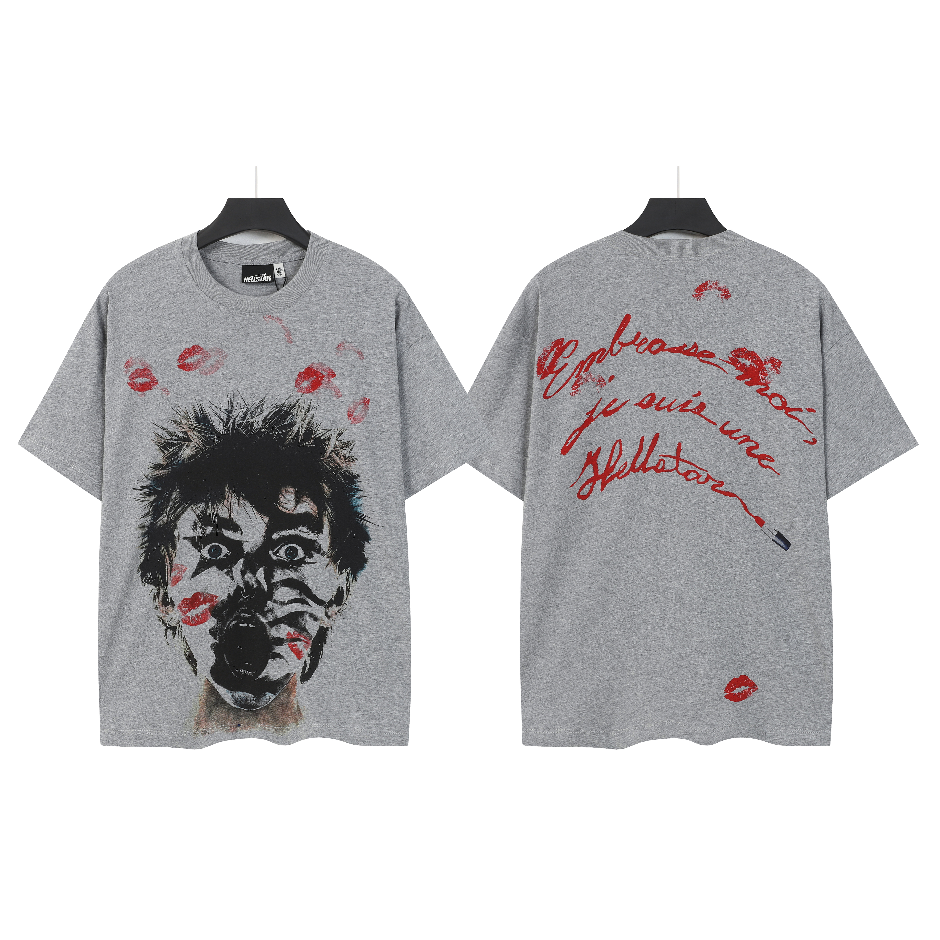 Grey background facial graffiti boy red lip print short-sleeved shirt