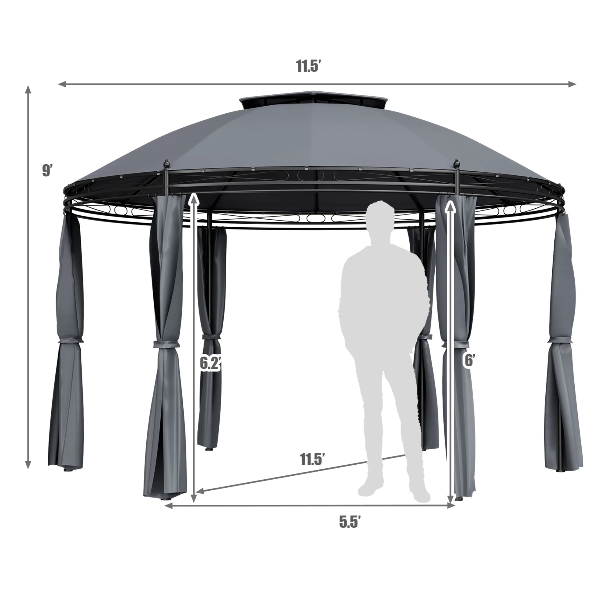 Gymax 11.5' Outdoor Patio Round Dome Gazebo Canopy Shelter Double Roof Steel Gray