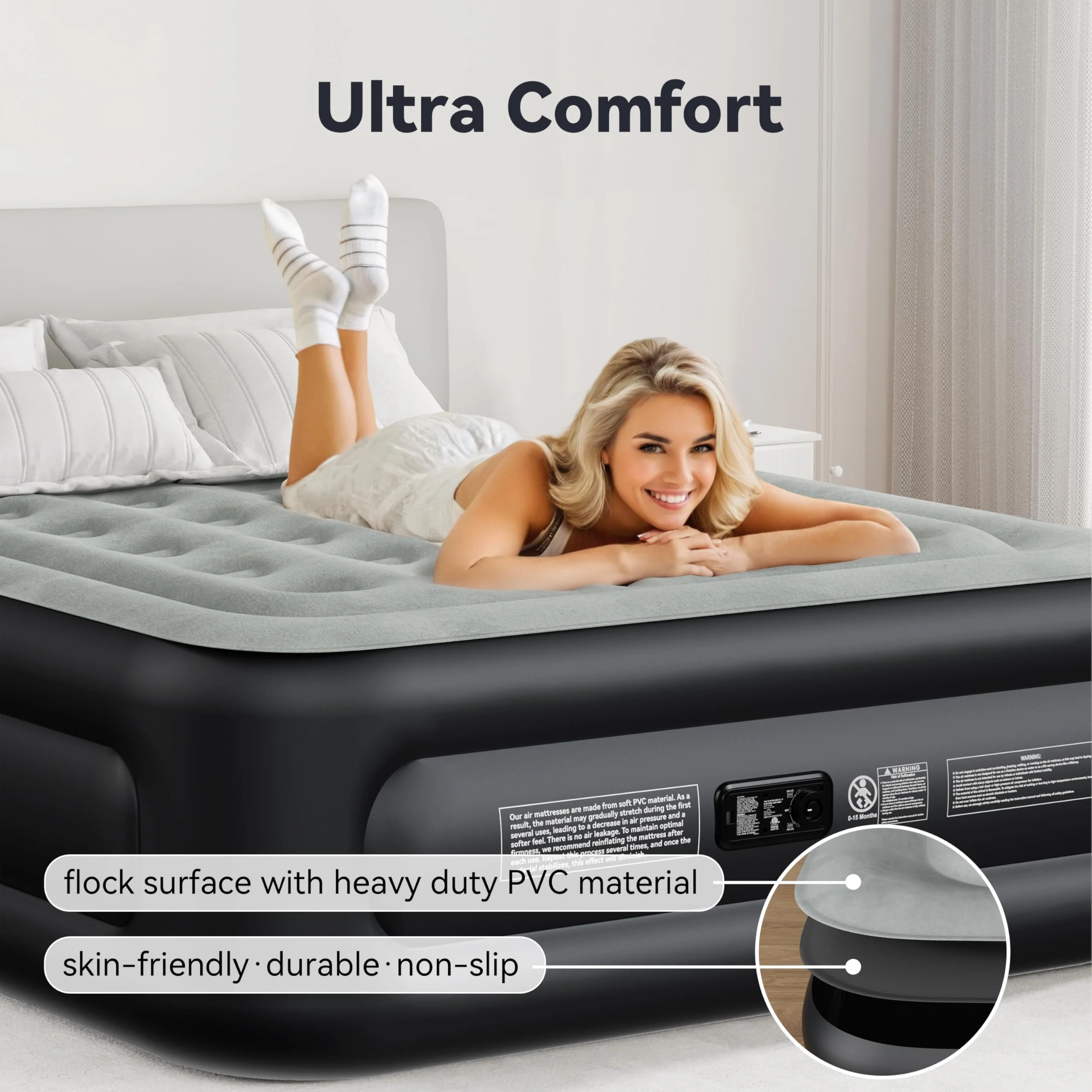 Air Mattress Queen with Built-in Pump 18", Comfortable Self-Inflating Air Mattress with High-Speed Pump, Durable Blow Up Mattress Queen with Storage Bag for Guests, Camping, Travel