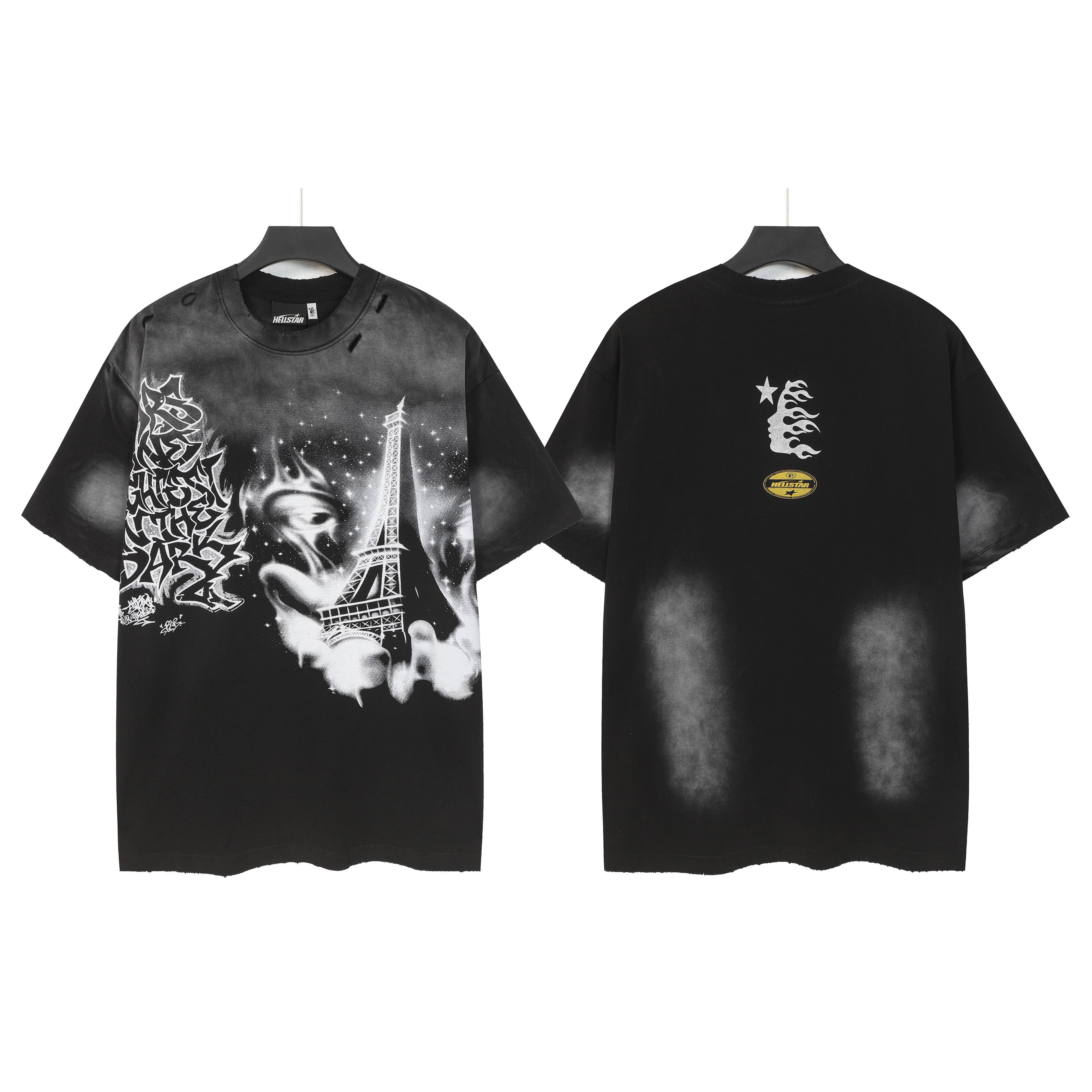 Black vintage washed Eiffel Tower printed short-sleeved shirt