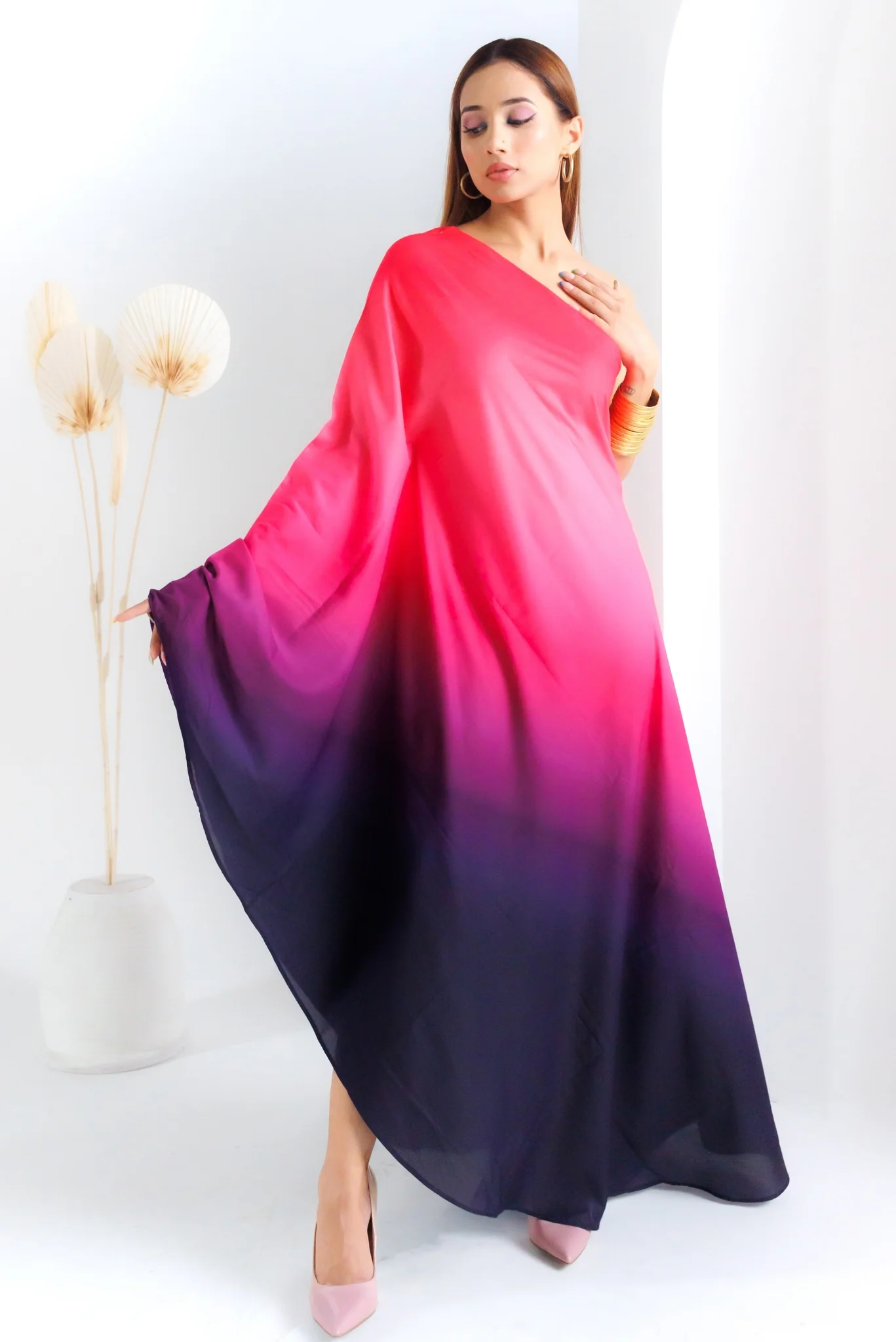Ombre Fuchsia Off Shoulder Kaftan Dress