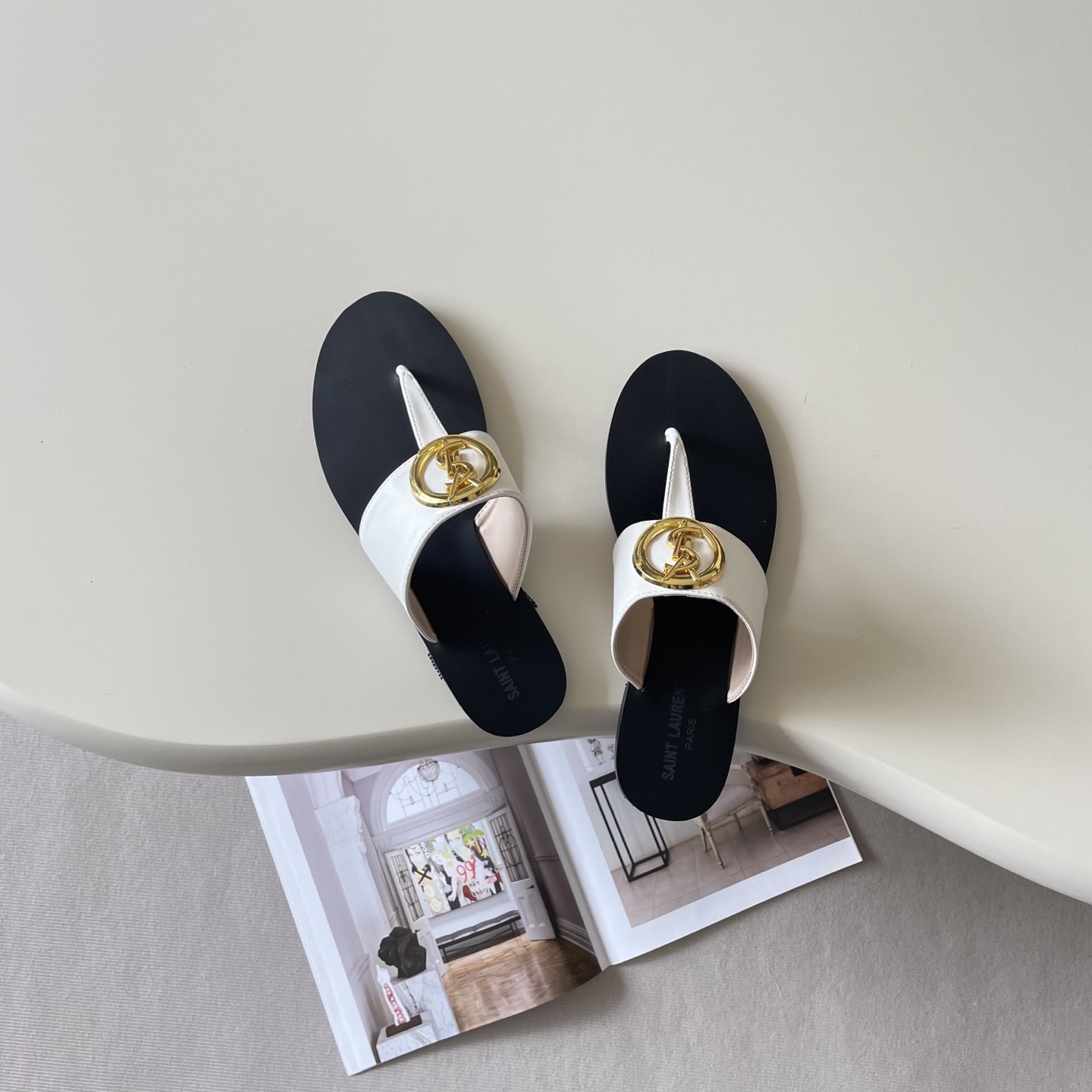 YSL Round Gold YSL Emblem Smooth Leather T-Strap Flat Slide Thong Sandals