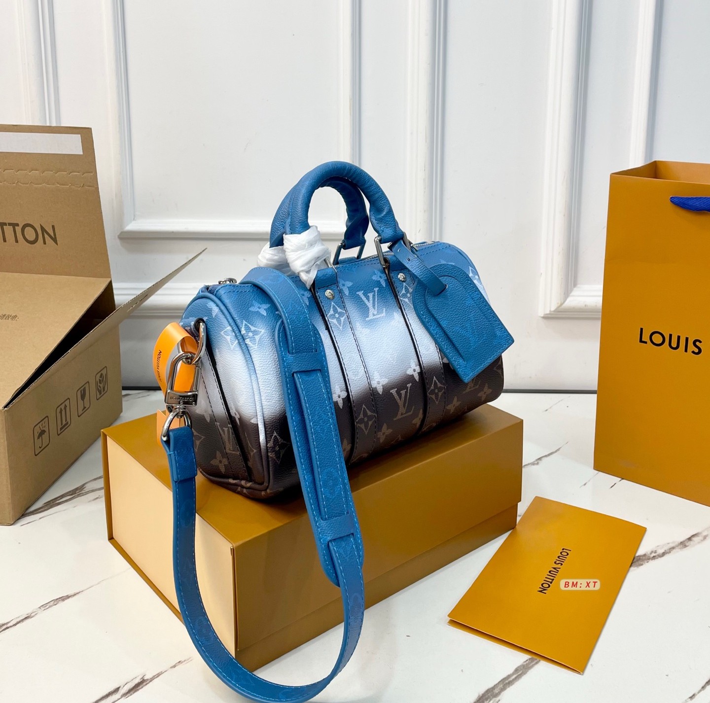 LV Keepall 25 Monogram Sunset Blue Gradient Leather Travel Duffle Barrel Bag