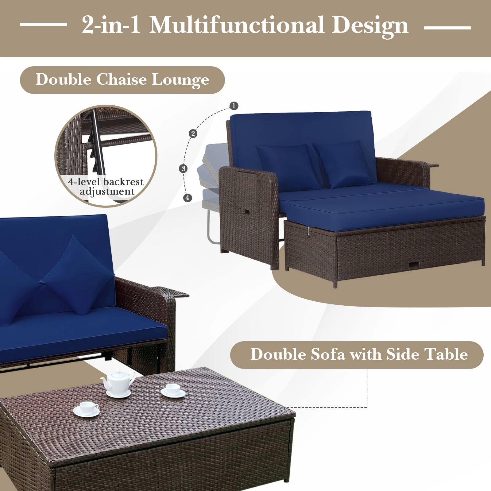 Gymax Rattan Loveseat Set Daybed Lounge Storage Ottoman Side Tables Adjust Patio Navy