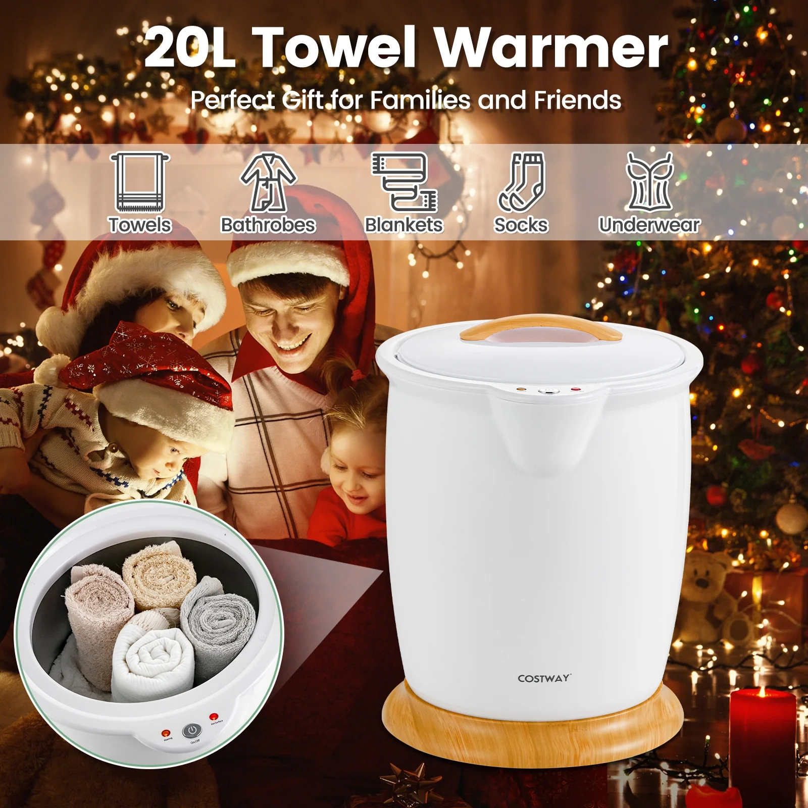 Costway Bathroom Towel Warmer Bucket with Fragrance Holder & Auto Shut Off White