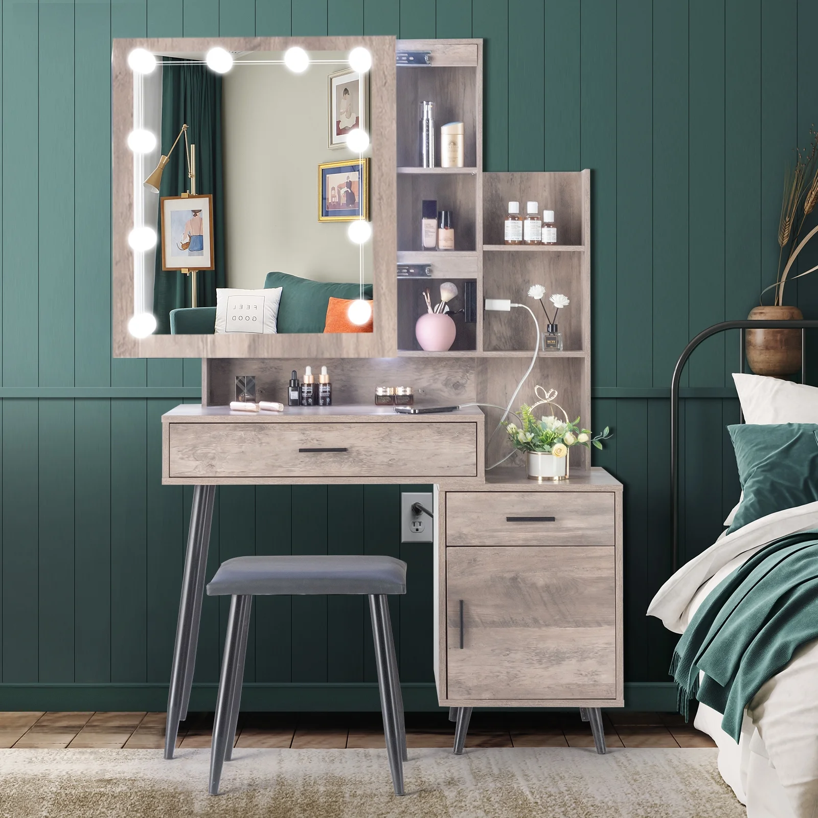 Kadyn Vanity Desk with Lighted Mirror, Vanity Table and Chair Set with 2 Drawers, Dressing Table Makeup Desk with 1 Door, Retro Gray