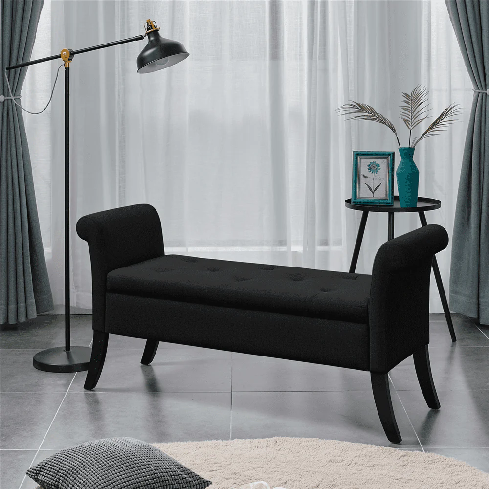 SMILE MART Modern Fabric Tufted Storage Bench with Rolled Arms for Home, Black