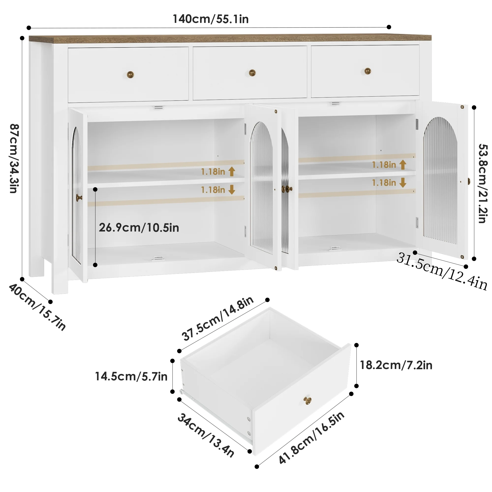 Homfa 55'' Large Sideboard Buffet Cabinet, Kitchen Storage Cabinet with 3 Drawers and 4 Glass Doors, Wood Coffee Bar Cabinet for Living Room, White