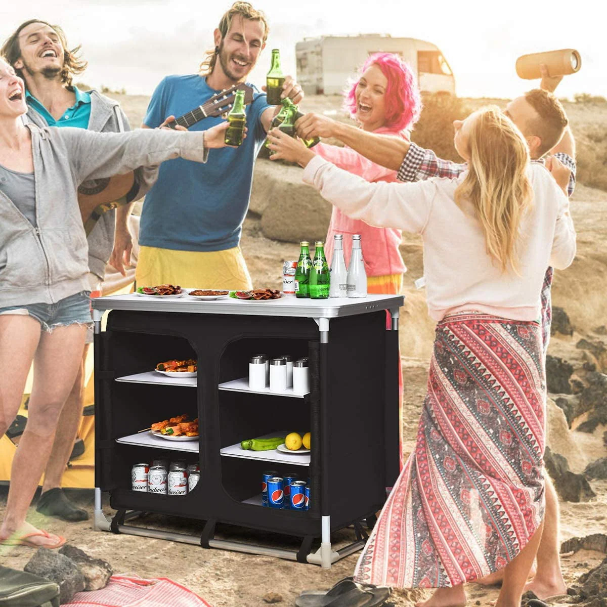 Cook Table Kitchen Station with Storage Organizer and Carrying Bag, for BBQ Party, Picnics, Backyards, Tailgating, Portable, Black