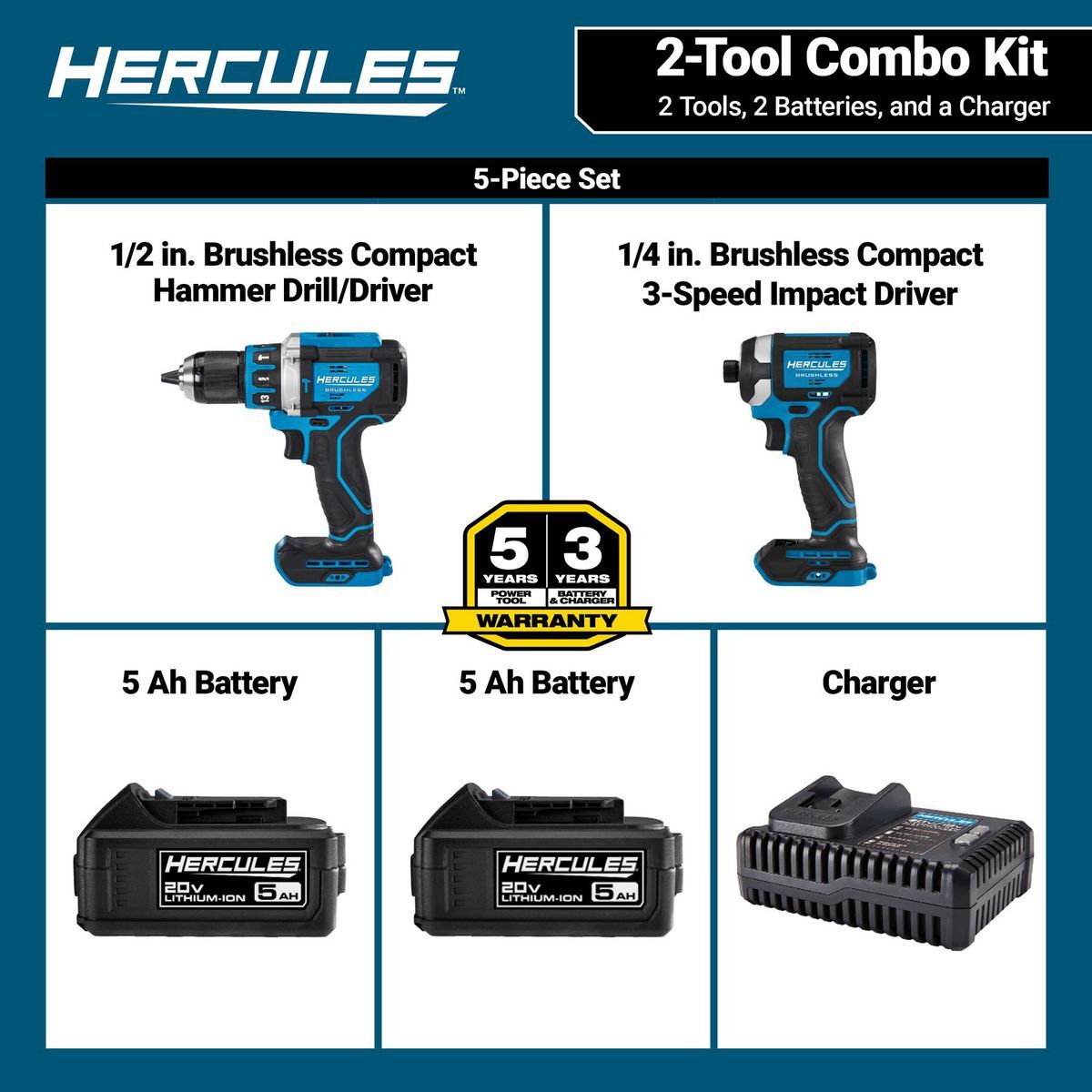 HERCULES 20V Brushless Cordless Hammer Drill and Impact Driver 2-Tool Combo Kit with (2) 5 Ah Batteries and Charger