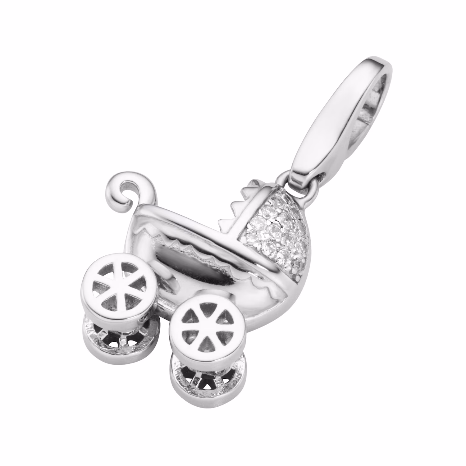 Charm Kinderwagen mit Zirkonia Steinen, Silber 925