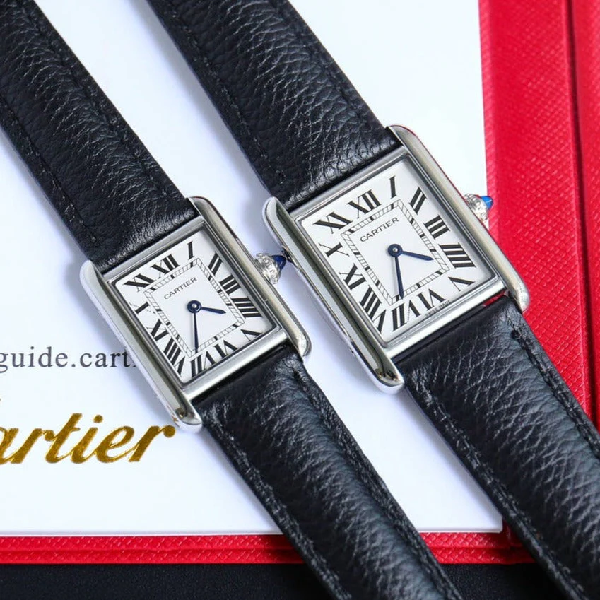 Cartier Watch TANK MUST SMALL STEEL LEATHER STRAP WHITE DIAL