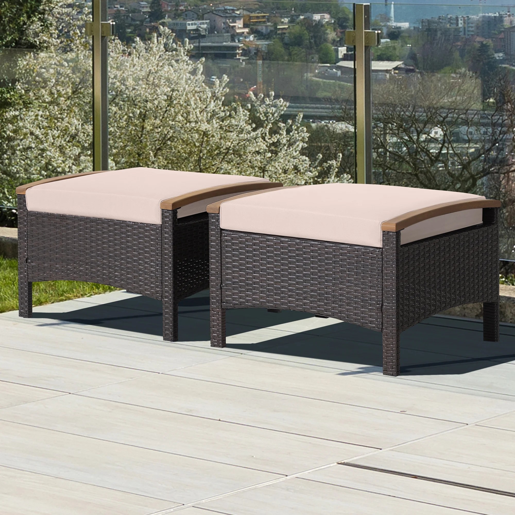Costway Set of 2 Patio Rattan Ottoman Footrest Cushions Wooden Handle Beige