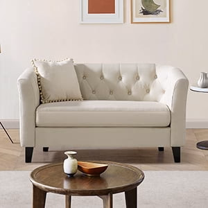 Husbedom 50" Upholstered Contemporary Modern Loveseat Sofa, Polyester Linen Button Tufted Barrel Loveseat, Mid-century 2 Seater Small Sofa Couch for Small Spaces, Bedroom and Living Room, Dark Gray