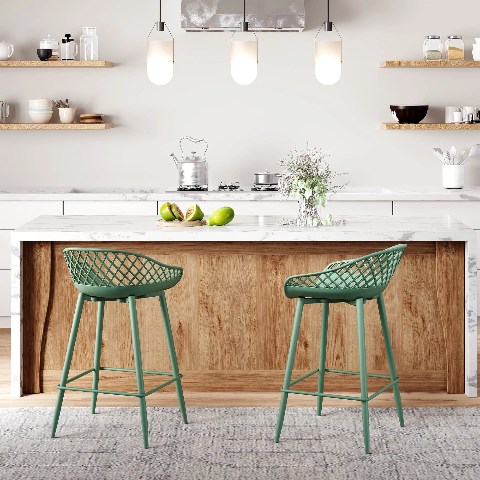 Kurv Indoor and Outdoor Counter Stool - Aloe Green - Set of 2
