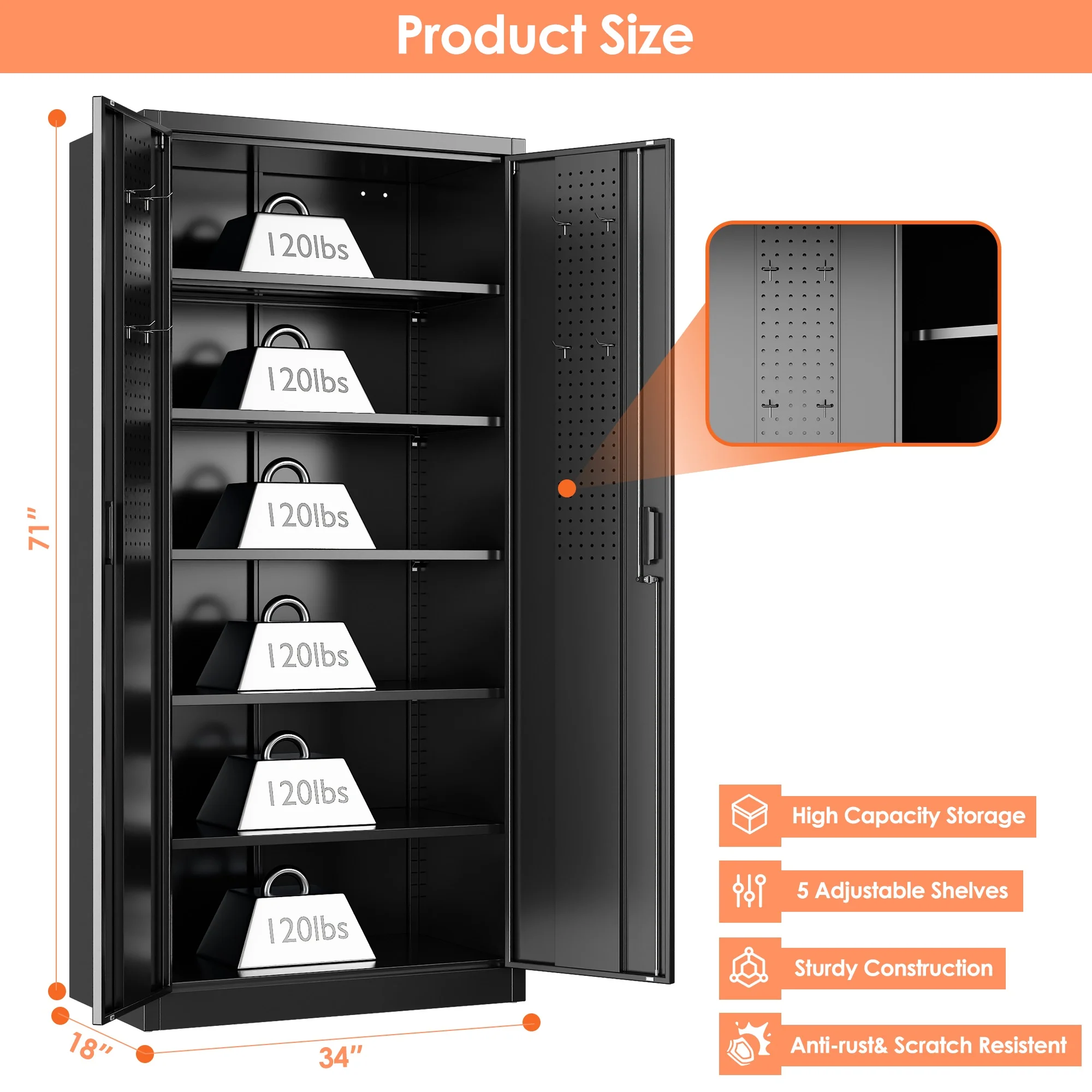 Aobabo Metal Storage Cabinet with Lock & Pegboard,Garage Storage Cabinet with 5 Adjustable Shelves,Tool Storage Cabinets for Home Office Garage,Assembly Required,Black
