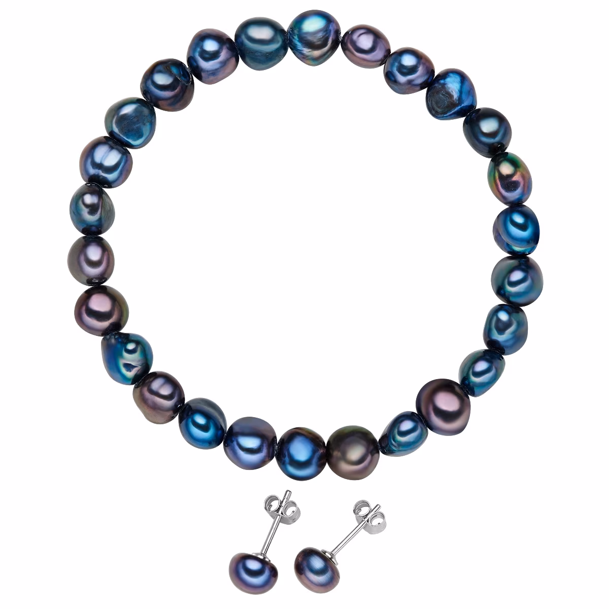 2er Set Süßwasserzuchtperlen dunkelblau Armband und Ohrstecker