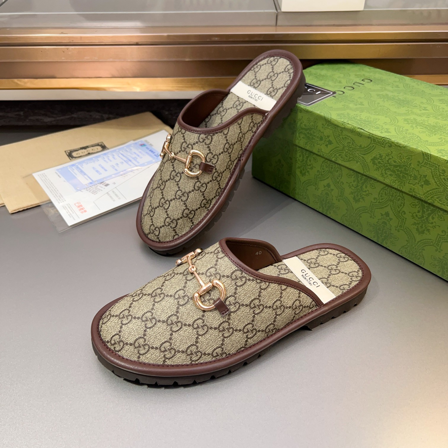 Gucci Monogram Horsebit Men Flat Mules