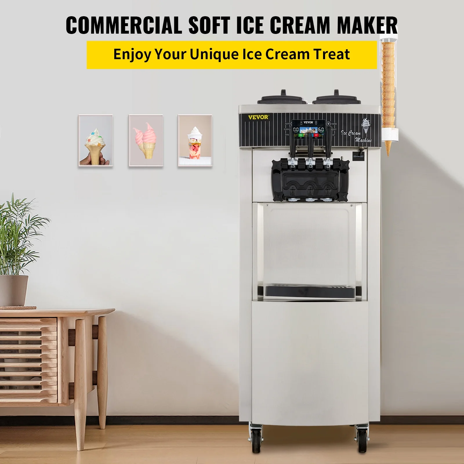 VEVOR 2200W Commercial Soft Ice Cream Machine 3 Flavors 5.3 to 7.4Gallons per Hour Auto Clean LED Panel Perfect for Restaurants Snack Bar supermarkets 2200W