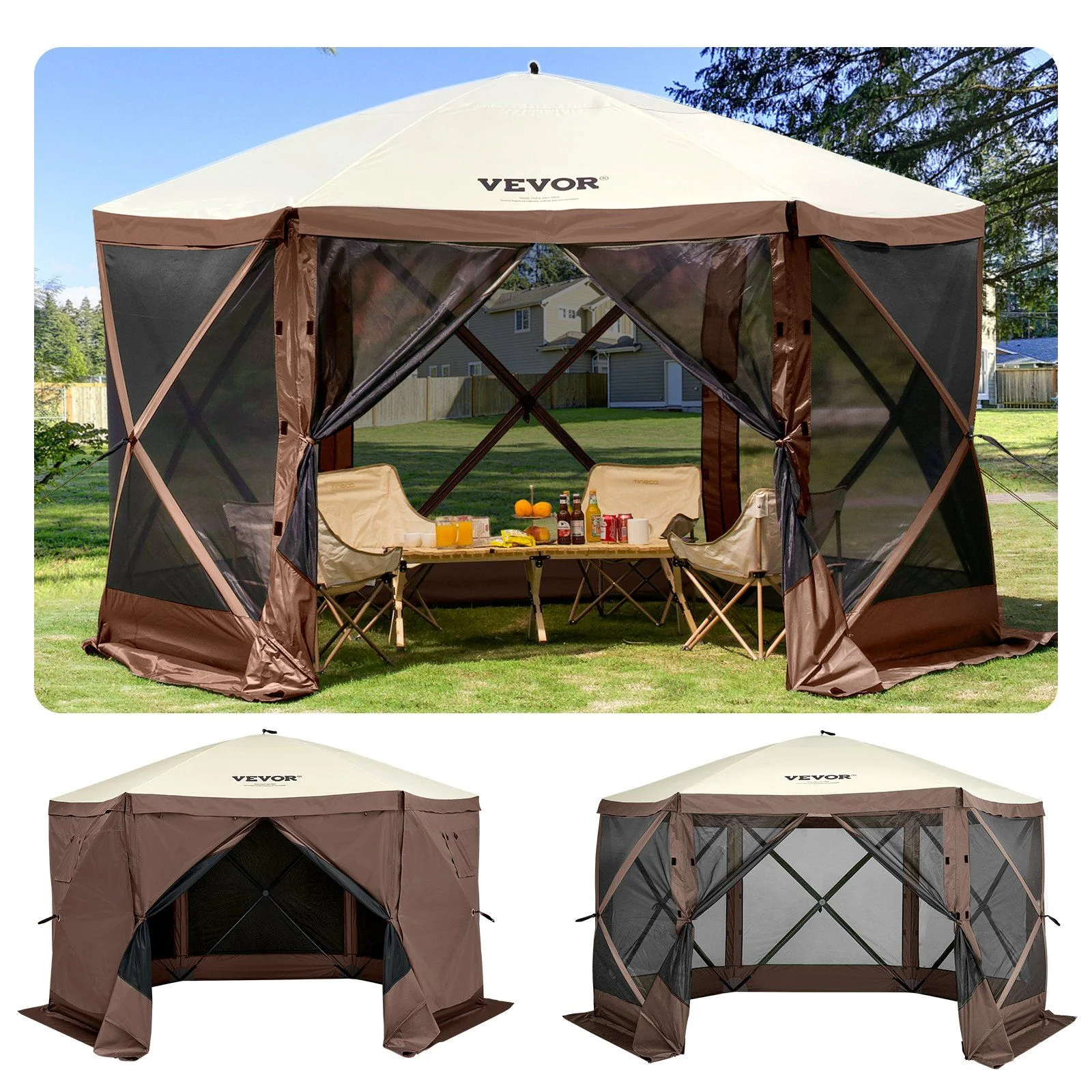 Extra Large 12x12ft Pop-Up Screen Tent, Portable Gazebo Canopy with Mesh Sides – Water-Resistant Shelter for Camping, Beach, Lawn (Brown/Beige, 6-Sided Design)