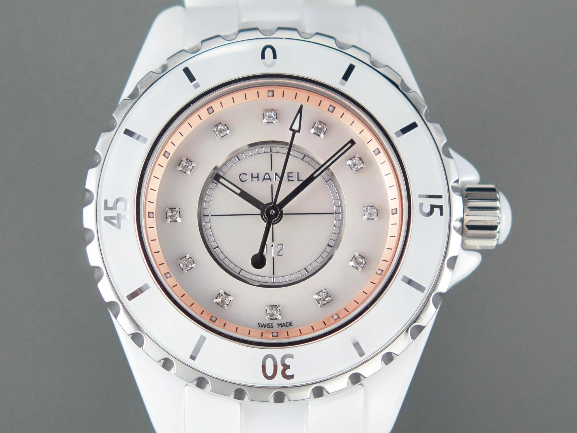 Chanel Watch J12 33mm Quartz White Ceramic Diamond Numerals Pink Mop Dial Watch