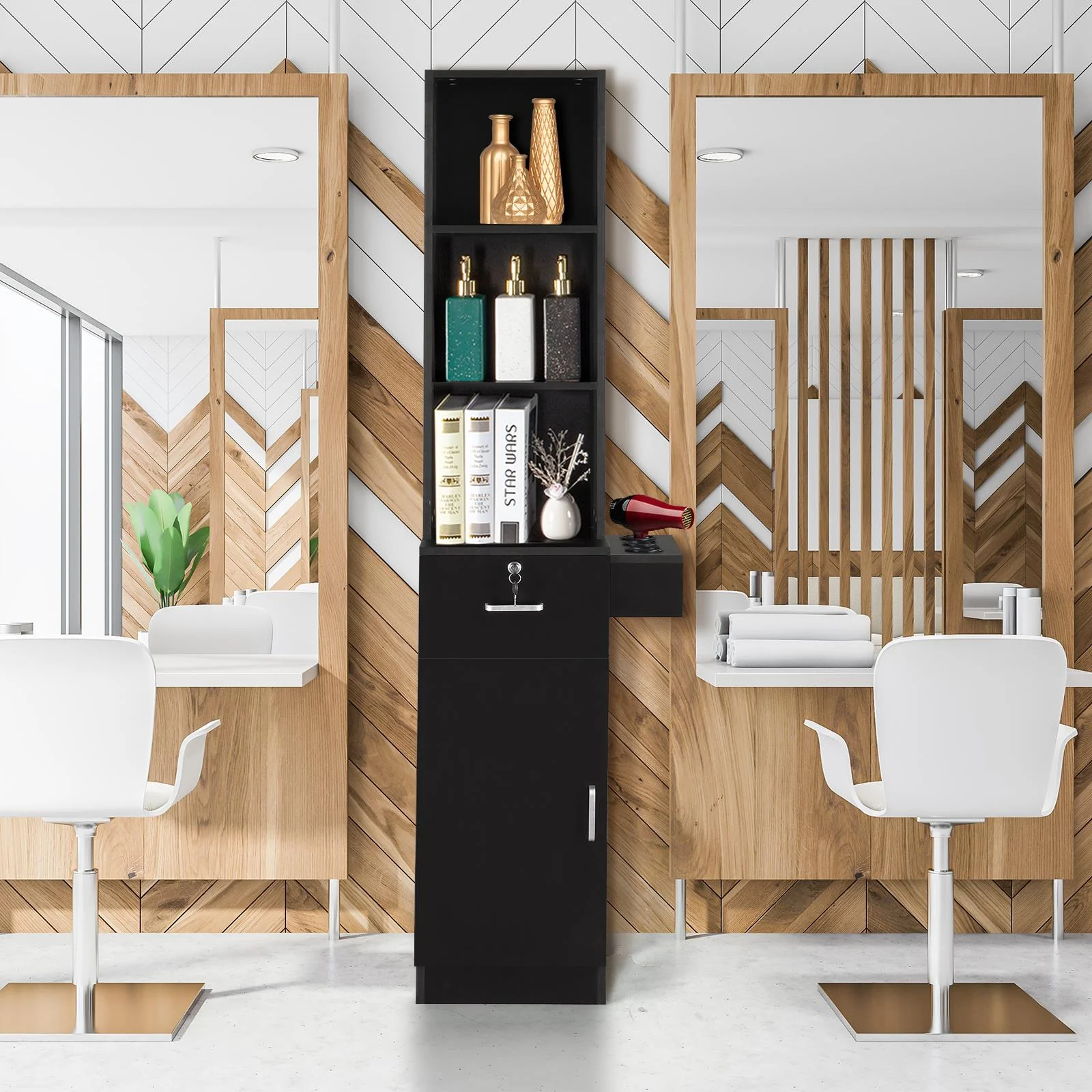 UBesGoo Barber Station Cabinet Wooden Hair Styling Storage Locker Beauty Salon Equipment, Black