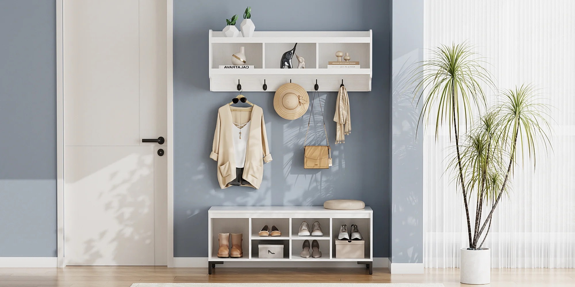 RichYa 2-in-1 Shoe Cabinet with Coat Rack,Hall Tree with Bench and Shoe Storage,5 Hooks,6 Shoe Cubbies for Entryway Hallway, Living Room, White