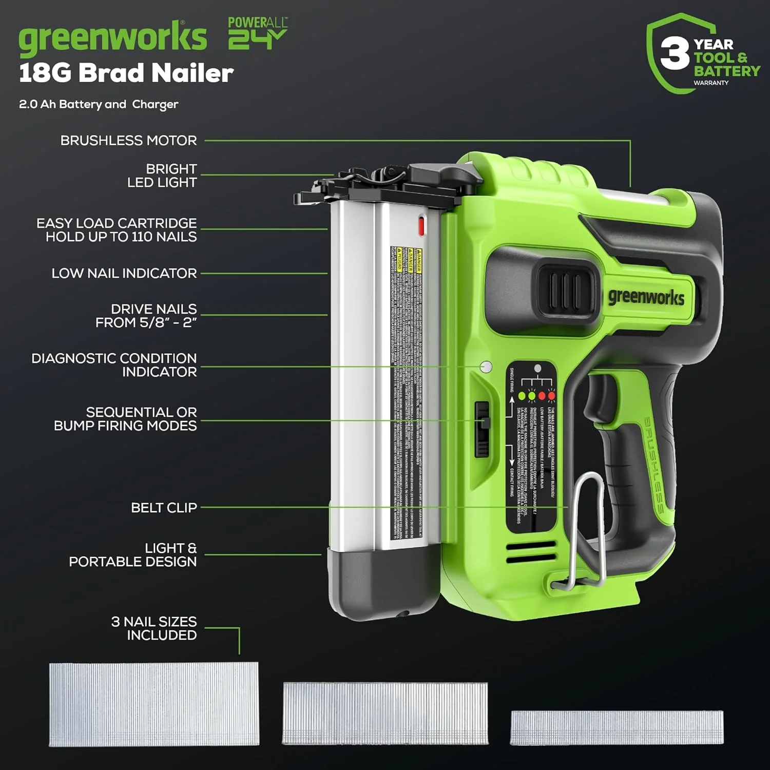 Greenworks 24V 18GA Brushless Brad Nailer, Cordless Staple Gun, Tool Only
