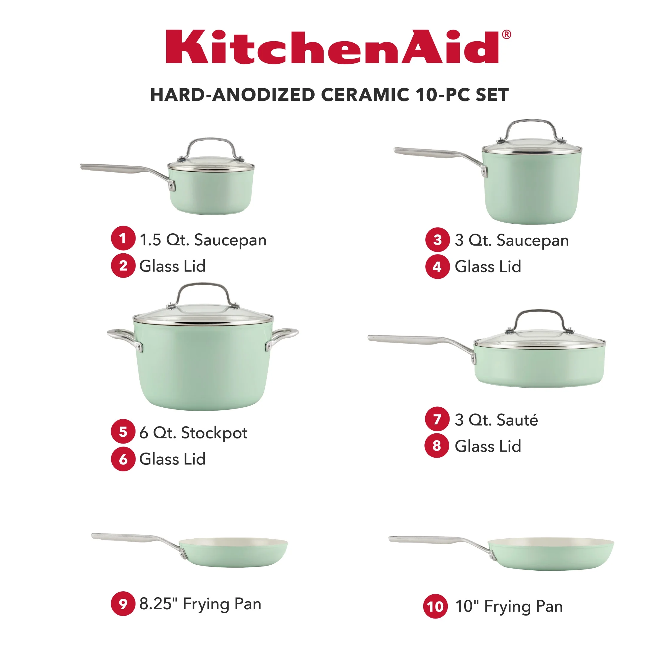 KitchenAid Hard Anodized 10 Pcs Ceramic Nonstick Cookware Pots and Pans Set, Oven Safe to 500F, Pistachio