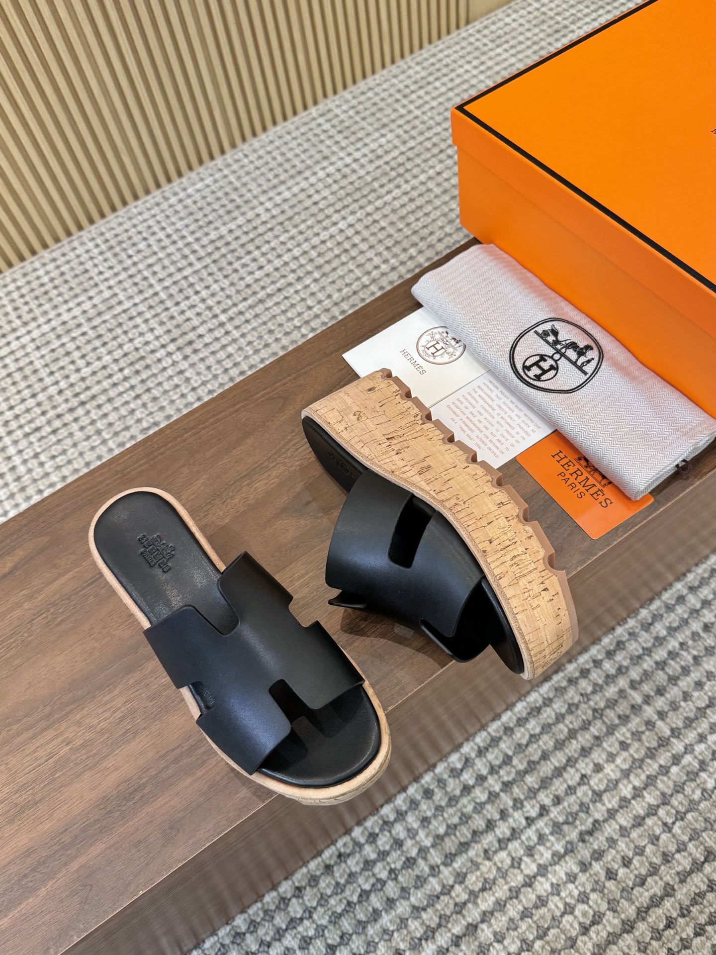 Hermès Black Smooth Leather H-Cutout Cork Sole Slide Sandal