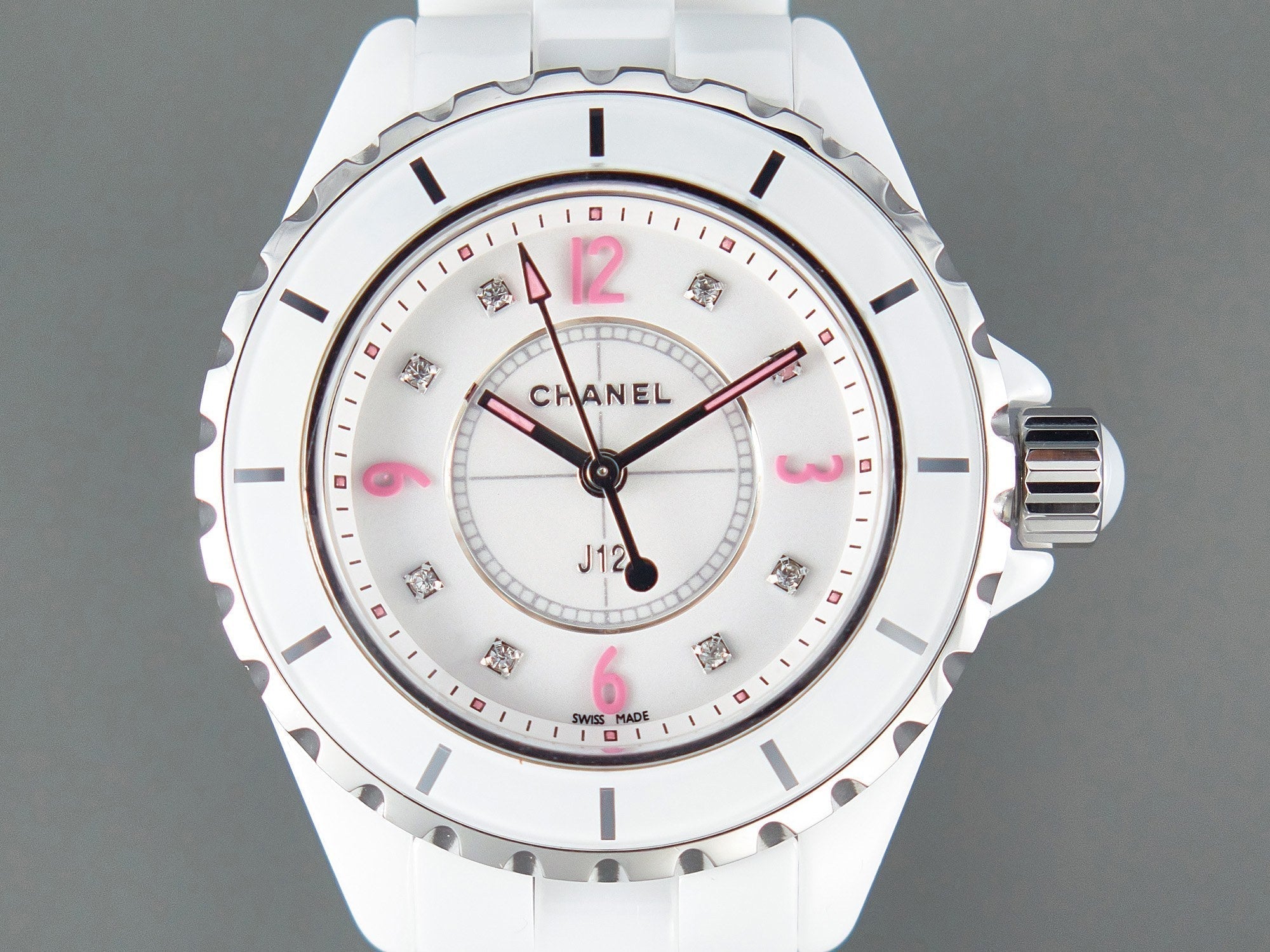 Chanel Watch J12 Quartz White Ceramic Pink Diamond Numerals White Dial