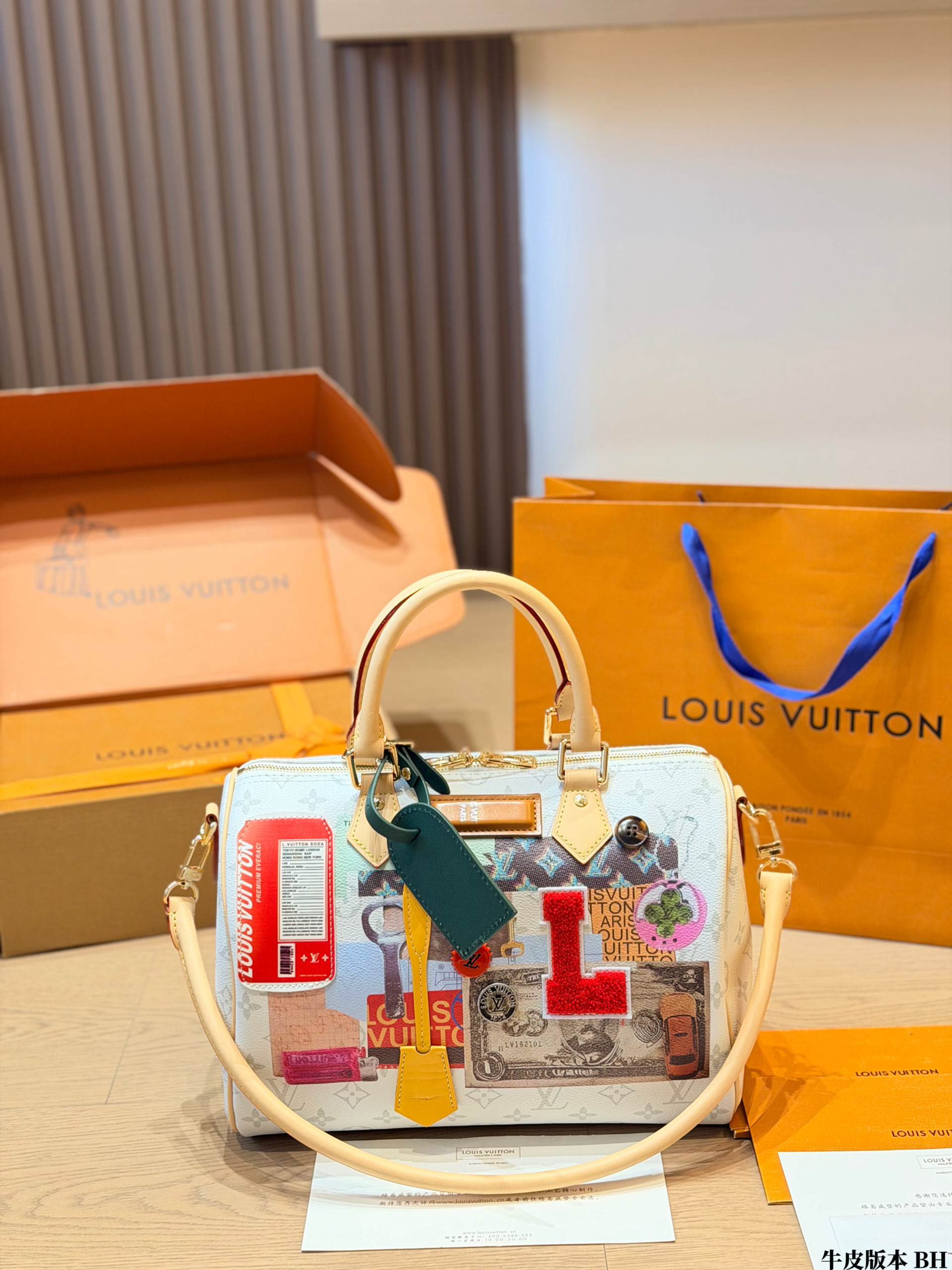 LV Speedy 30 Monogram Canvas Travel Stamp Collage Towel Embroidery Patch Boston Top Handle Bag