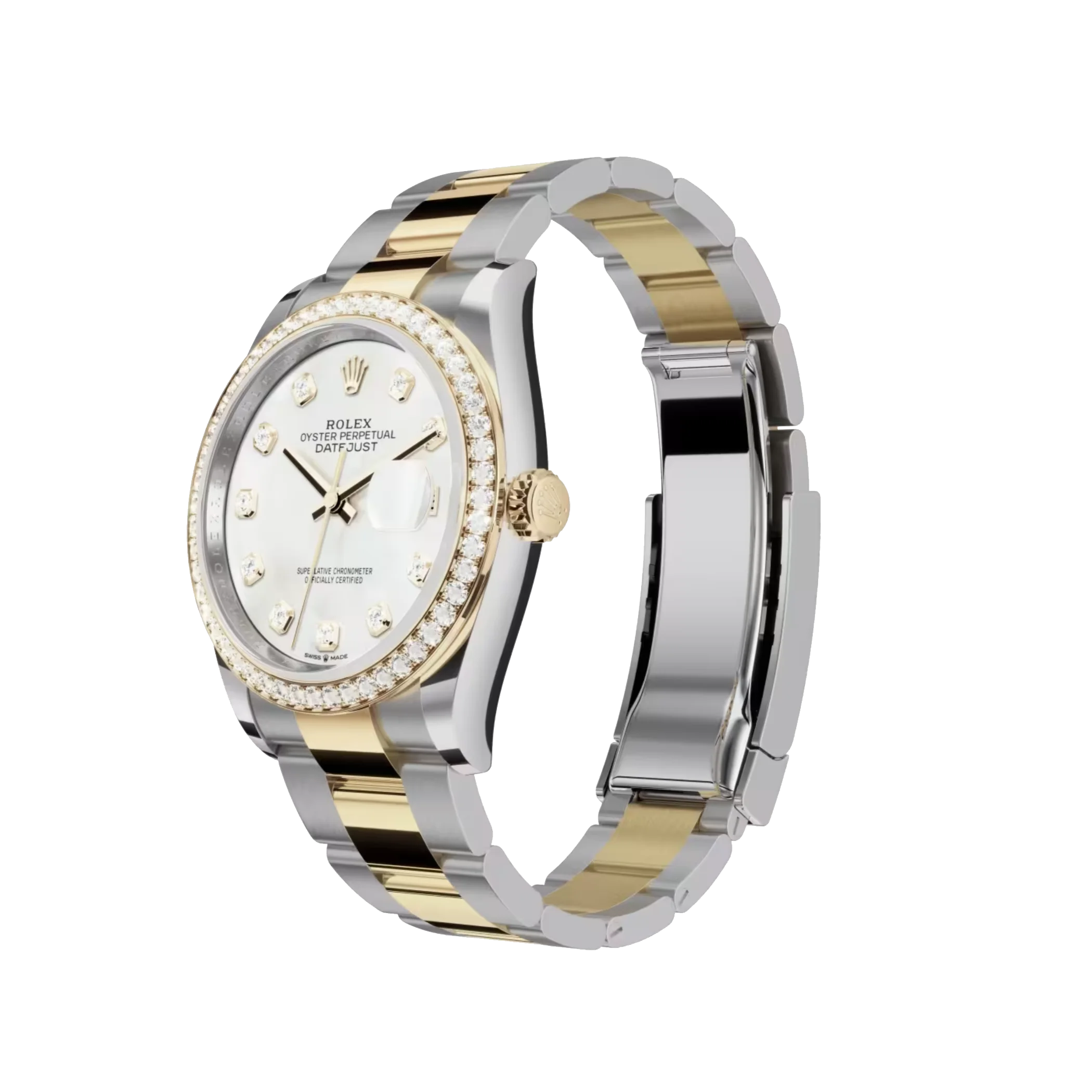 Rolex Datejust: Oystersteel and yellow gold, white mother-of-pearl, diamond-set dial, Oyster bracelet, m126283rbr-0010