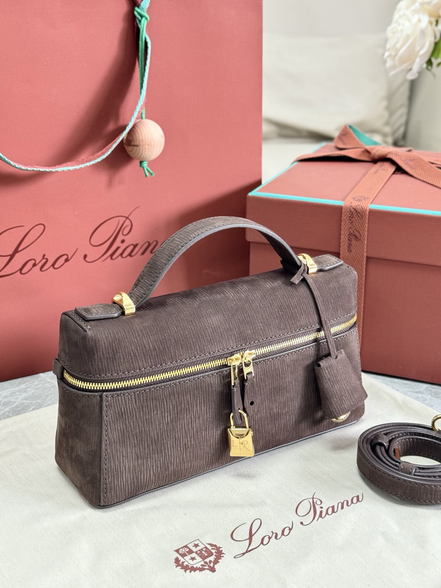 Loro piana Extra Bag L23 coffee colored suede crossbody bag