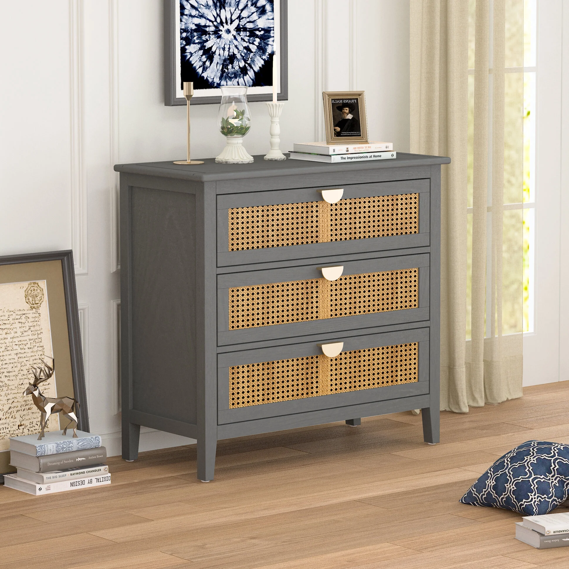 3-Drawers Dressers with Rattan Decorated Chest, 30.71