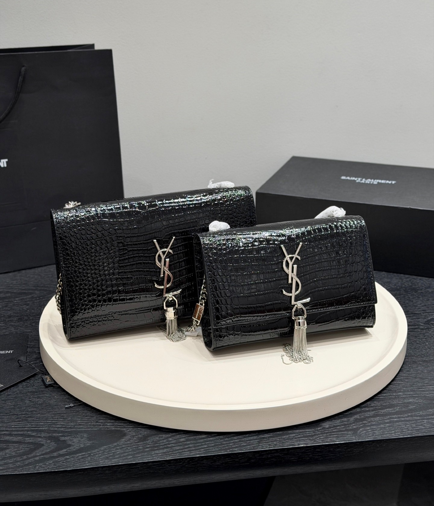 YSL Kate Small& Medium Croc Embossed Leather Chain Gold/Silver Tassel Shoulder Bag