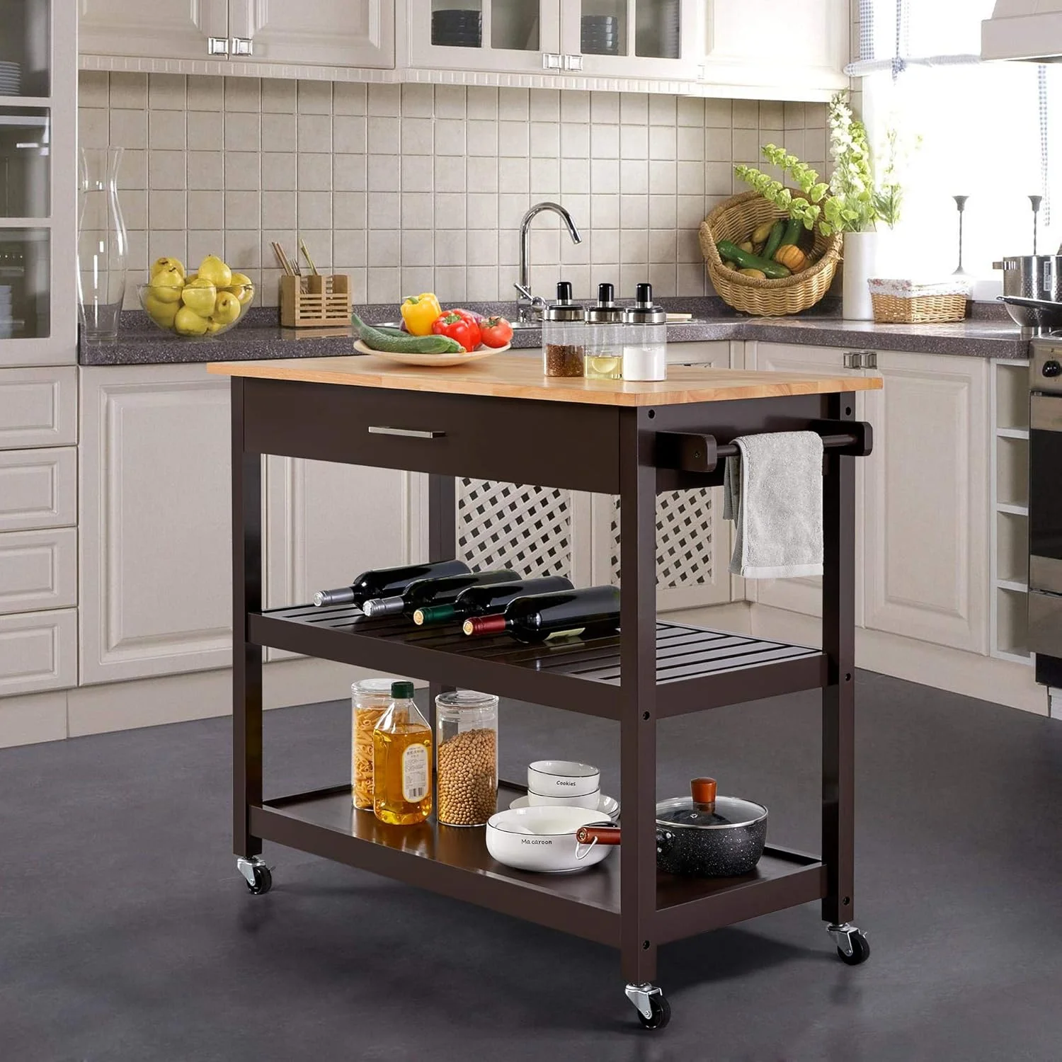 Hyxoo Kitchen Island Cart on Wheels with Bamboo Tabletop, 3-Tier Rolling Kitchen Island Microwave Cart with Drawer, Detachable Towel, 3 Hooks��40