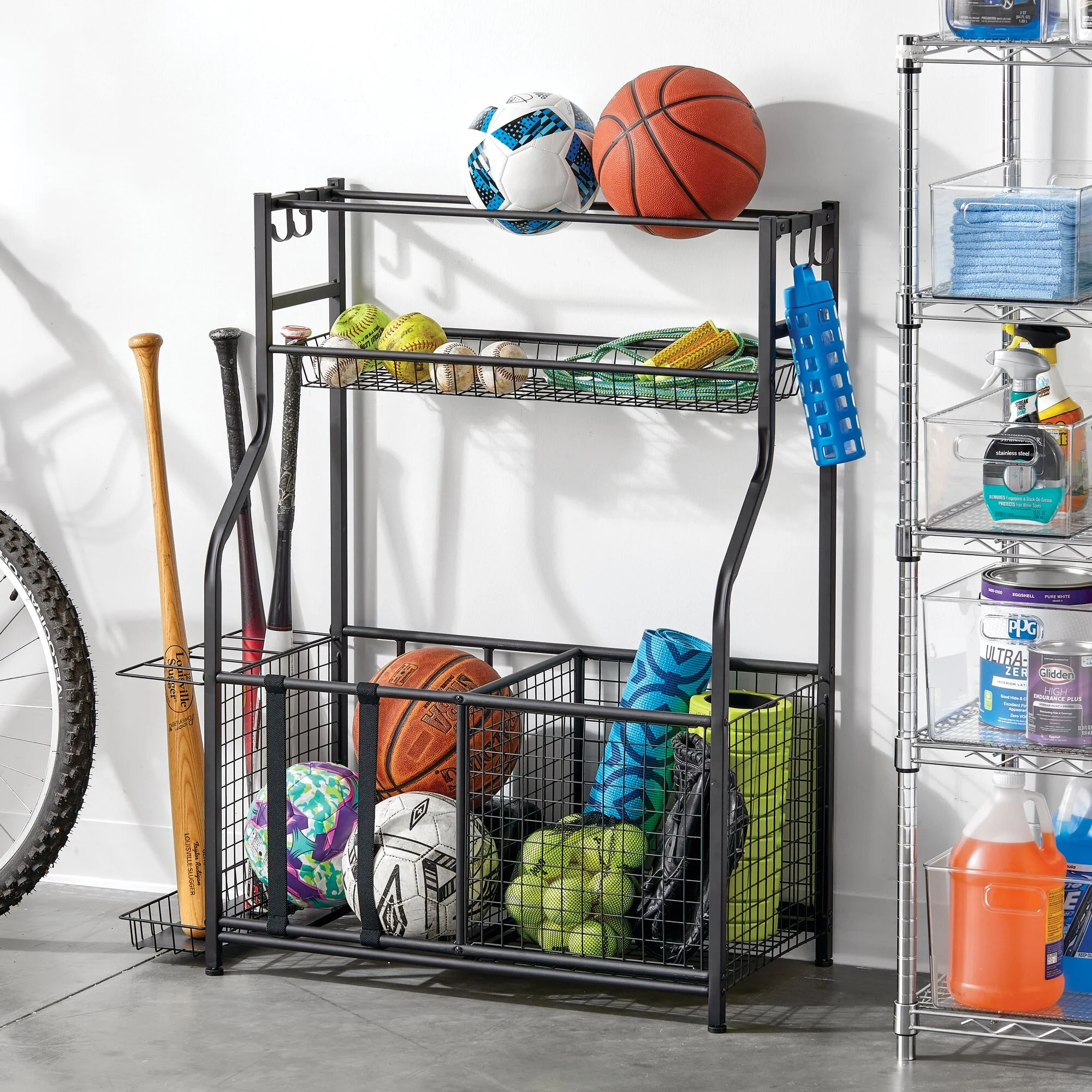 mDesign Metal Heavy Duty Garage Sports Storage Rack with Top Shelf - Matte Black