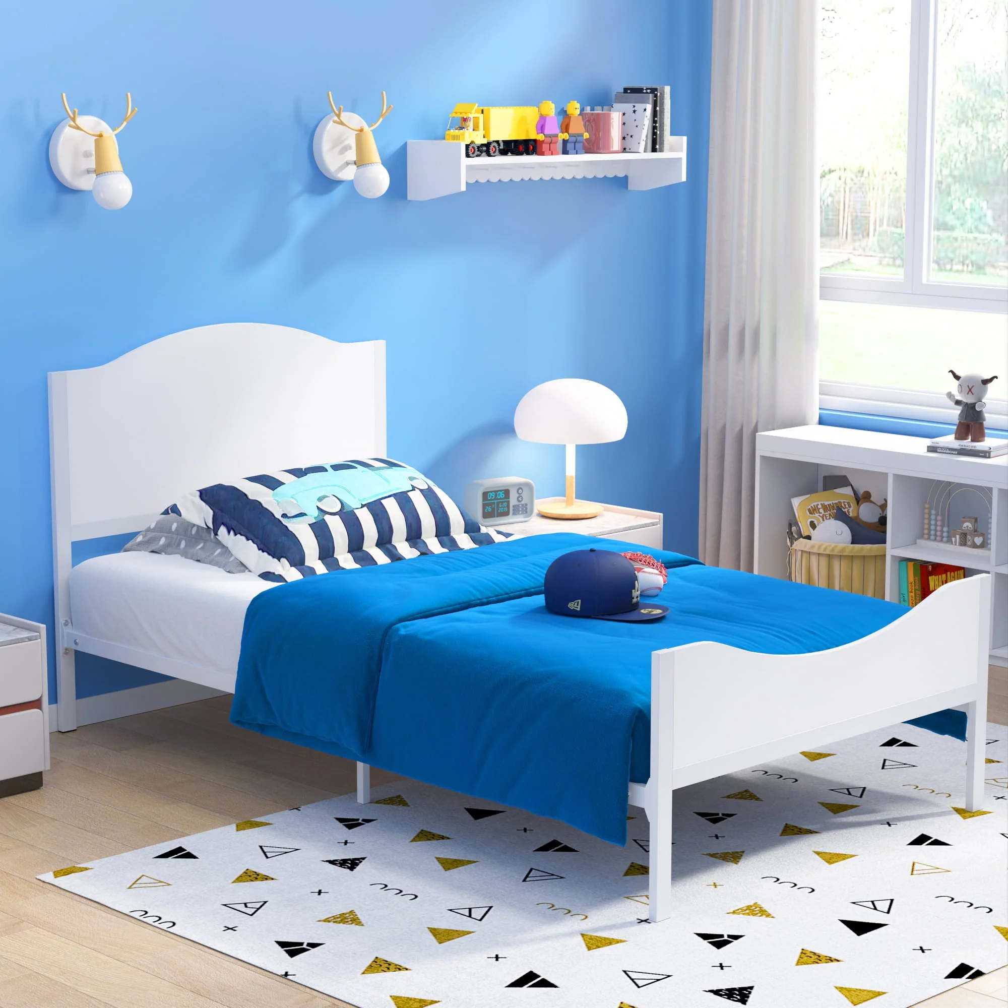 Yoneston Twin Size Kids Metal Platform Bed Frame with Wood Headboard, Modern Single Bed Frames for Children, Teens & Adults, No Box Spring Needed, White
