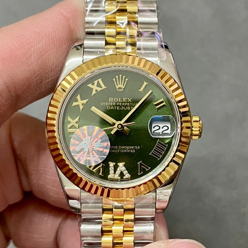 Rolex Watch DATEJUST 36MM GOLD STEEL DIAMOND NUMERALS GREEN DIAL