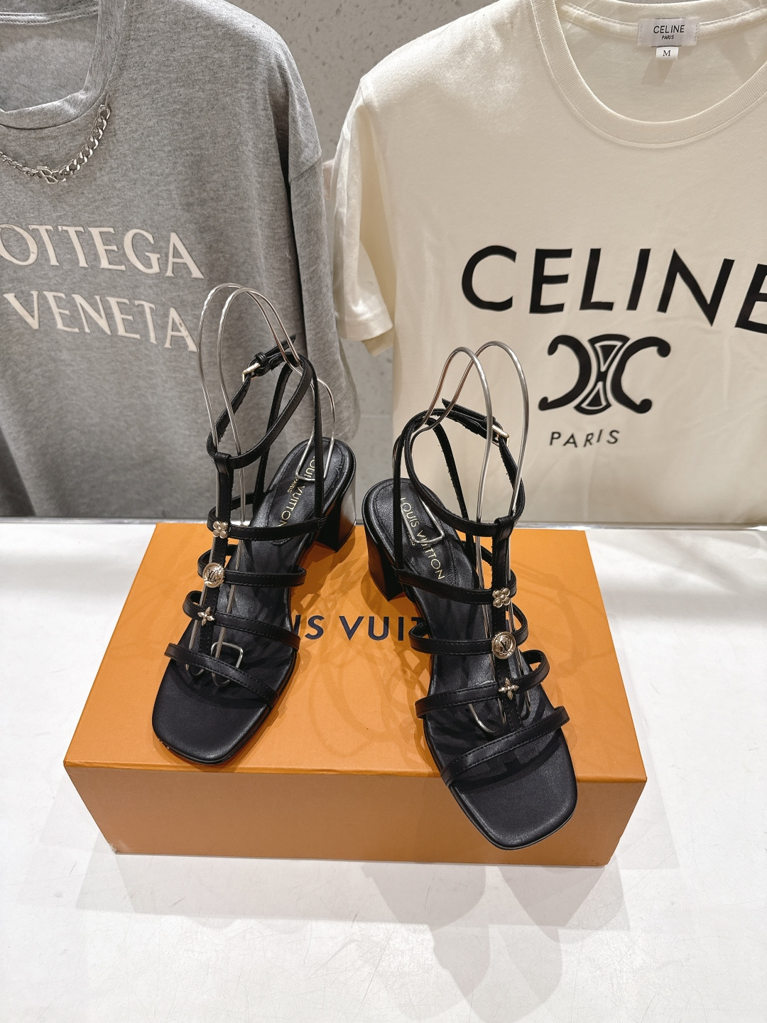 LV Monogram Rivet Multi Strap Ankle Buckle Leather Square Open Toe Block Heels Sandals
