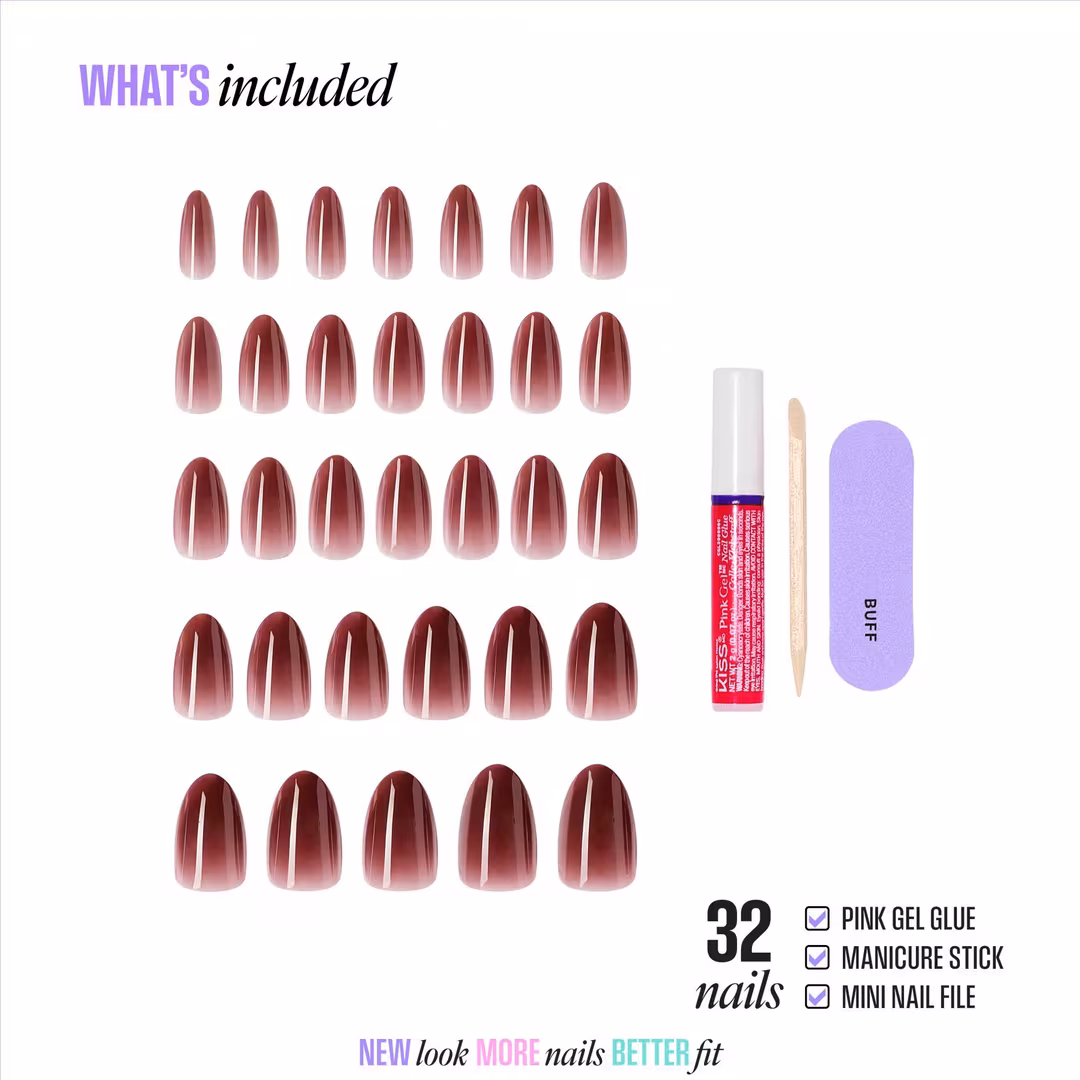 Kiss  Core Color Medium Almond Press On Nails, Pinot Noir