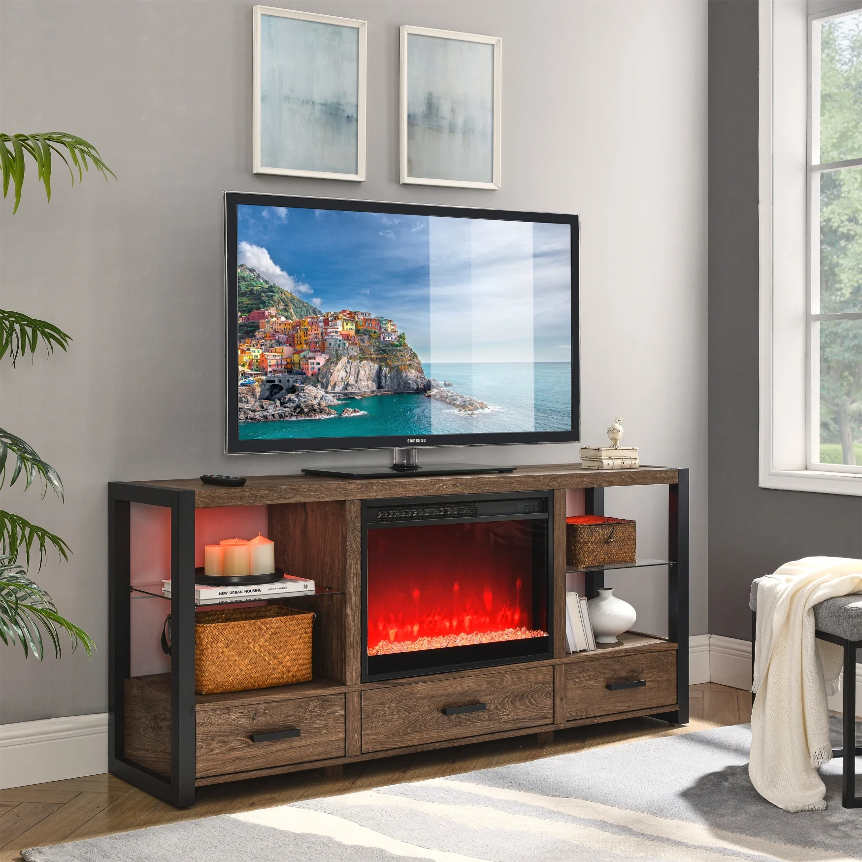 23 inch Electric Fireplace Insert with Stove Heater for TV Stand, Crystal & LED Realistic Flame, Recessed Mounted Fireplace Heater with Remote Control, Fireplace with Adjustable Flame, Timer
