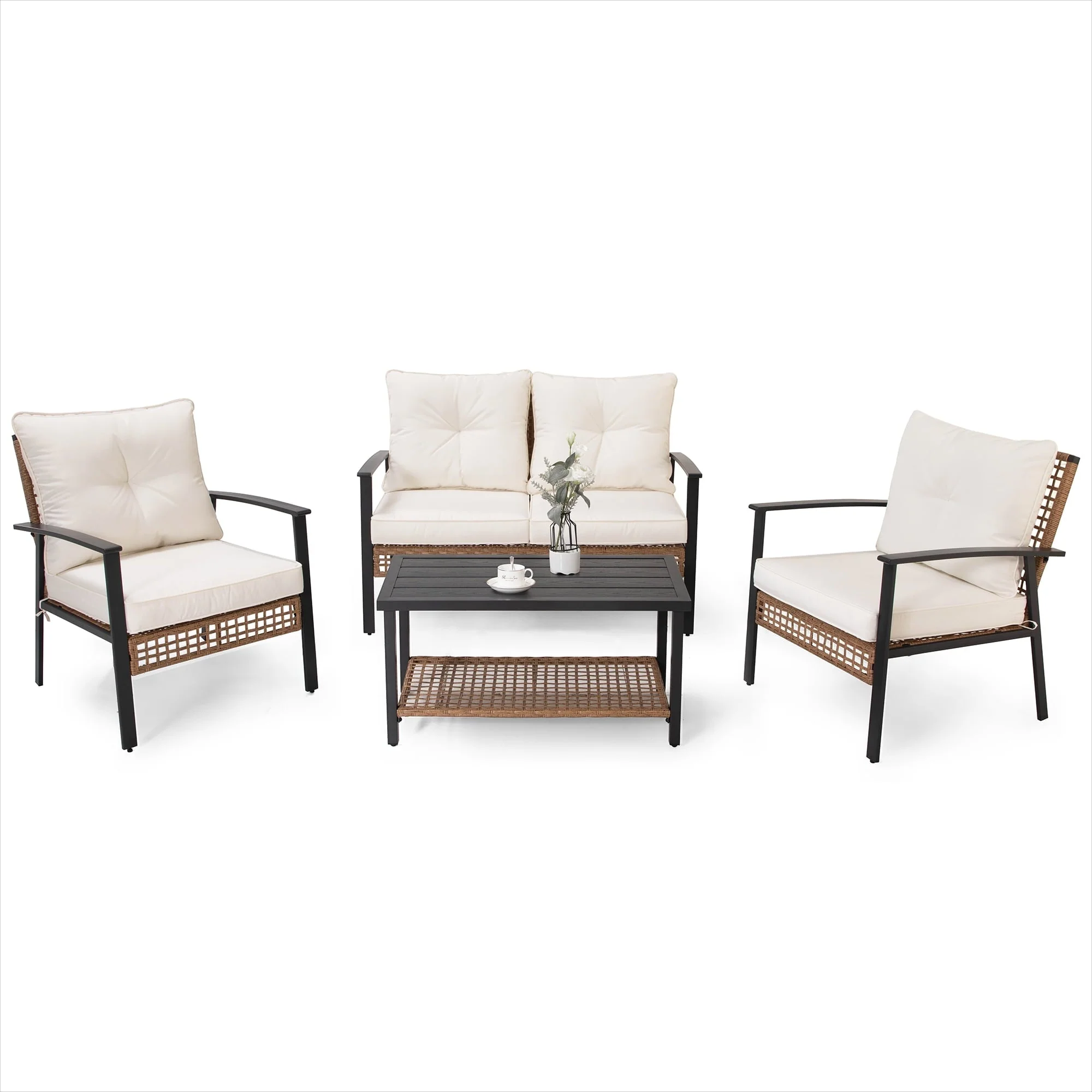 LAUSAINT HOME 4 Pieces Outdoor Patio Conversation Set with Cushions and 2-Tiers Storage Metal Coffee Table